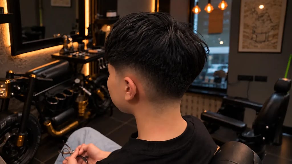 Klient po střihu s nízkým fade v křesle, pohled zezadu; v pozadí motorka a zrcadla barbershopu
